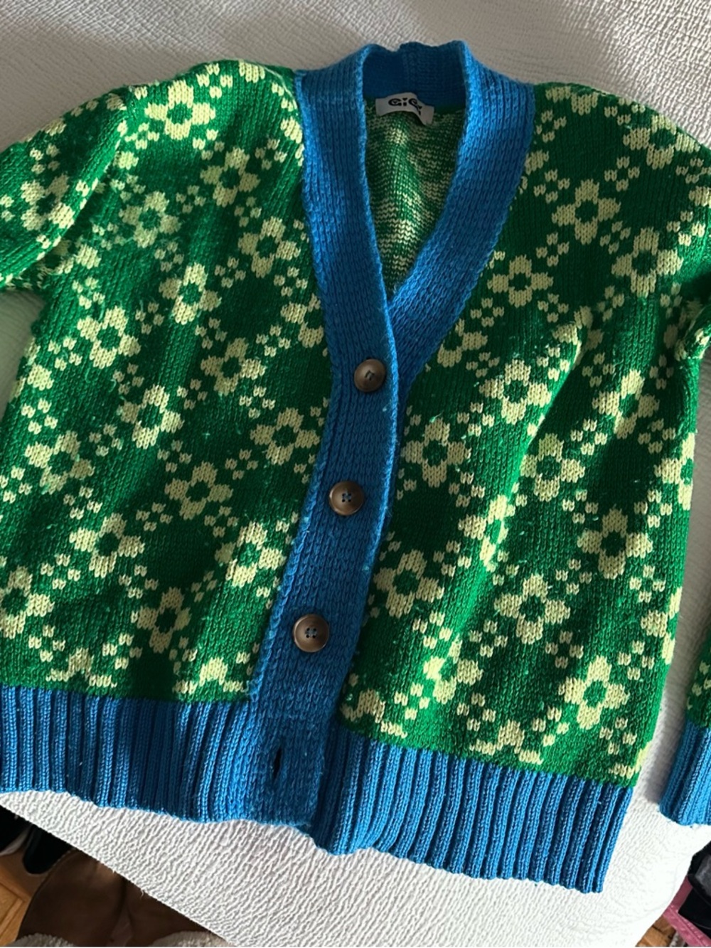 Gigi Knitwear Floral Knit Cardigan with Blue Trim